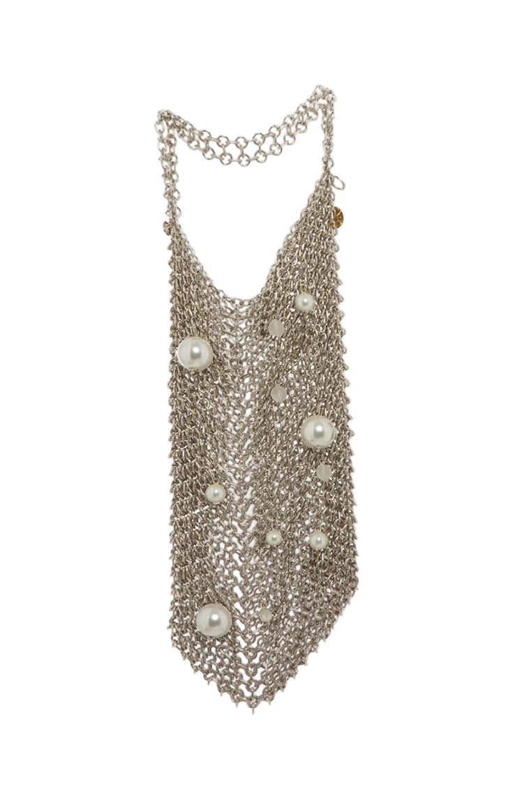 Silver pearl shoulder bag by Silvia Gnecchi featuring a sleek design and elegant pearl accents.