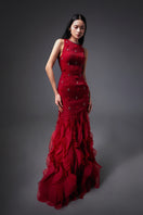 Red CULT MIA X HAPPY CLOTHING mermaid organza gown with intricate details, flowing fabric, and elegant design.