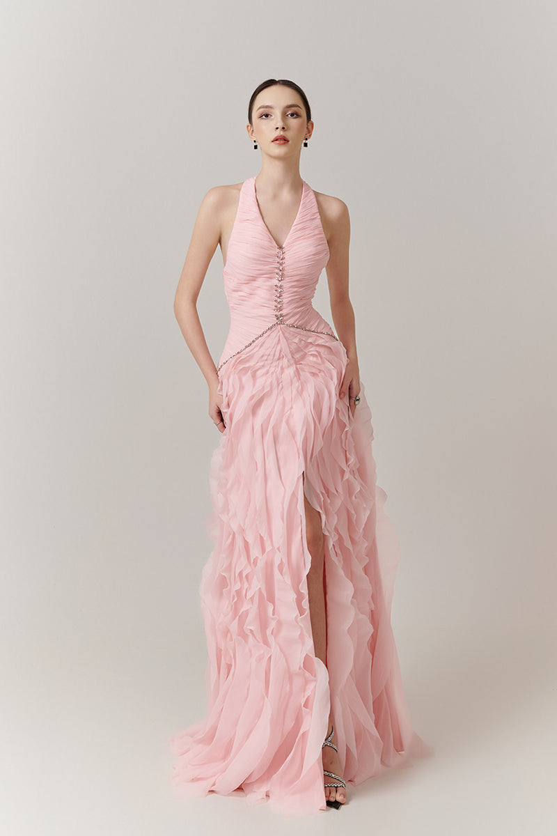 Elegant blush cascade halter gown from Happy Clothing, flowing fabric with a stylish halter neckline and floor-length design.