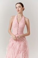 Elegant blush cascade halter gown from Happy Clothing, featuring flowing fabric and a flattering halter neckline.