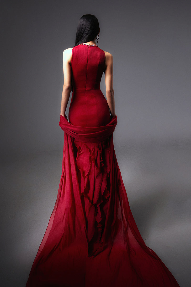 Red CULT MIA X HAPPY CLOTHING mermaid organza gown featuring intricate design and flowing fabric, perfect for elegant occasions.