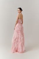 Elegant blush cascade halter gown by Happy Clothing, featuring flowing fabric and stylish design, perfect for formal occasions.
