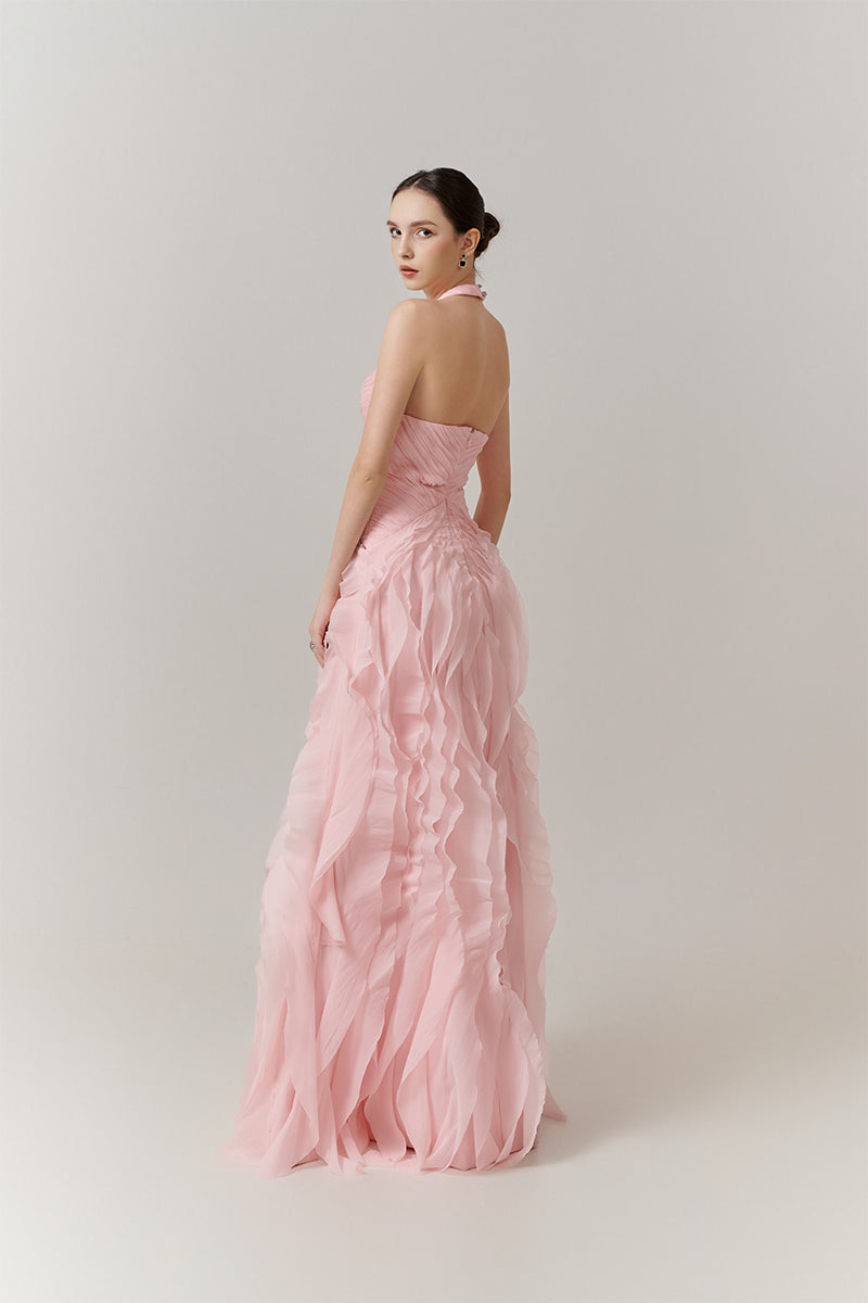 Elegant blush cascade halter gown by Happy Clothing, featuring flowing fabric and stylish design, perfect for formal occasions.