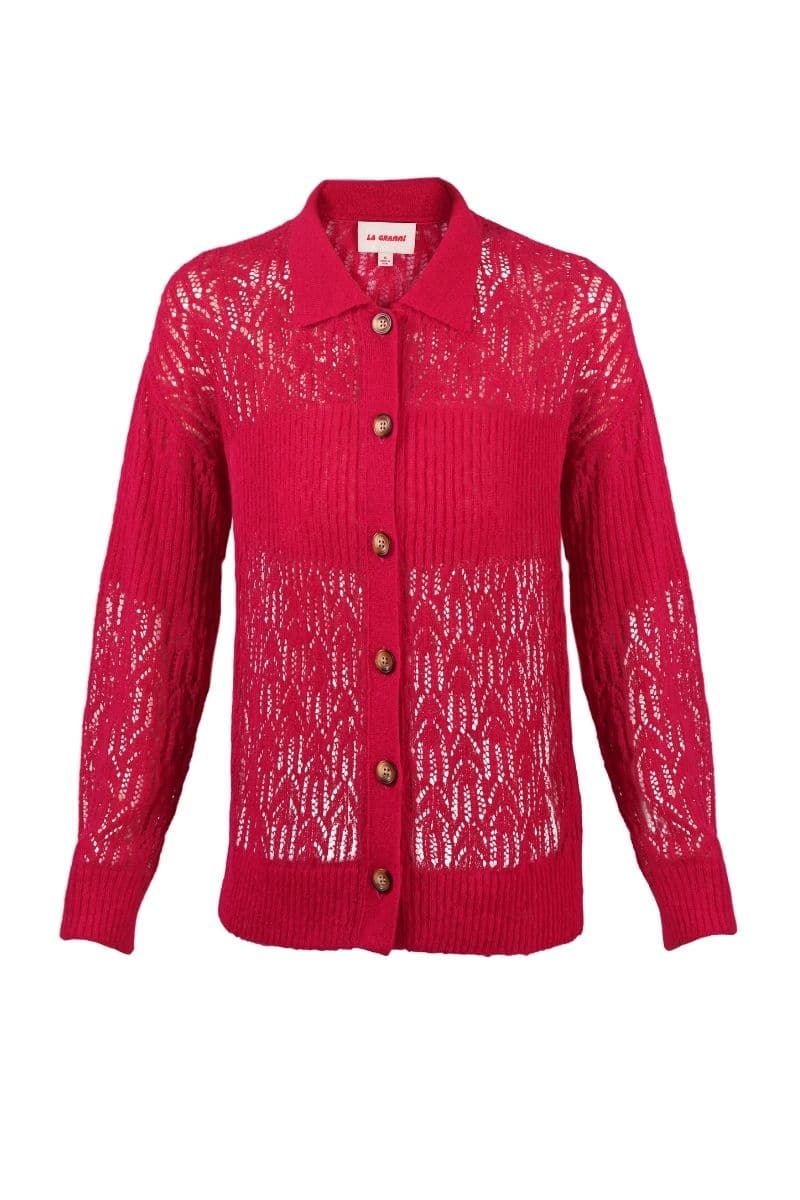 Pink raspberry-colored collared cardigan by La Granni, featuring a soft knit texture and button closure.