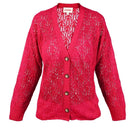 Pink raspberry-colored La Granni V-neck cardigan with aranita knit pattern, perfect for a stylish and cozy look.