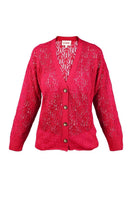 Pink raspberry-colored La Granni V-neck cardigan with aranita knit pattern, perfect for a stylish and cozy look.