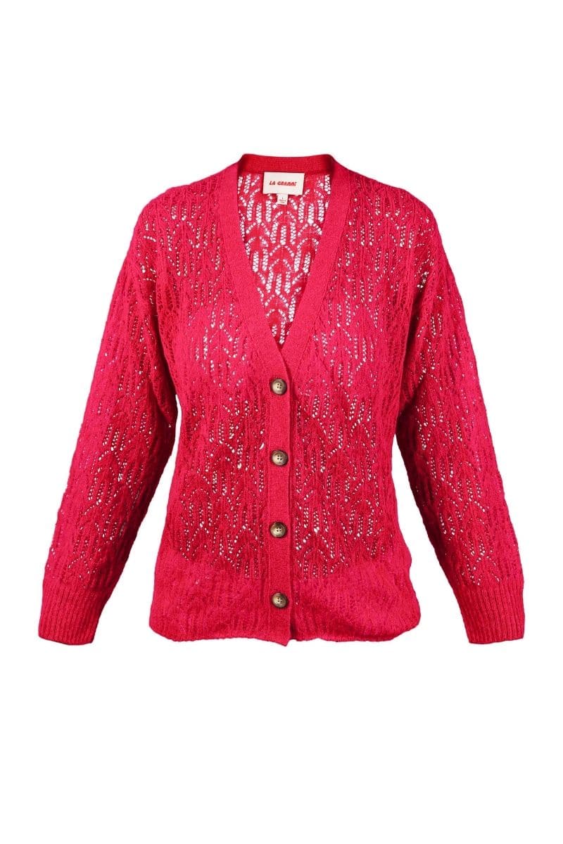 Pink raspberry-colored La Granni V-neck cardigan with aranita knit pattern, perfect for a stylish and cozy look.