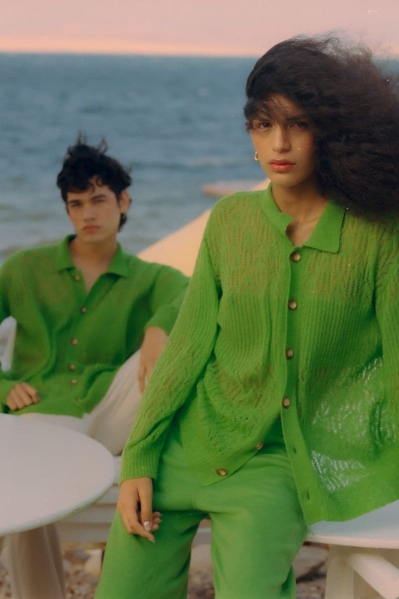 Green La Granni Aranita collared cardigan featuring a cozy knit design and button closure, displayed on a mannequin.