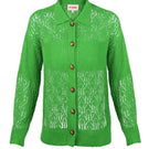 Green La Granni Aranita collared cardigan with button closure, shown on a model wearing size XS. Soft knit fabric with a classic design.