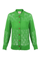 Green La Granni Aranita collared cardigan with button closure, shown on a model wearing size XS. Soft knit fabric with a classic design.