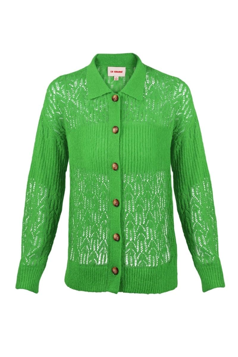 Green La Granni Aranita collared cardigan with button closure, shown on a model wearing size XS. Soft knit fabric with a classic design.