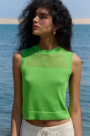 Lime green La Granni cropped vest, short cardigan style, shown on a white background with front view and open front design.