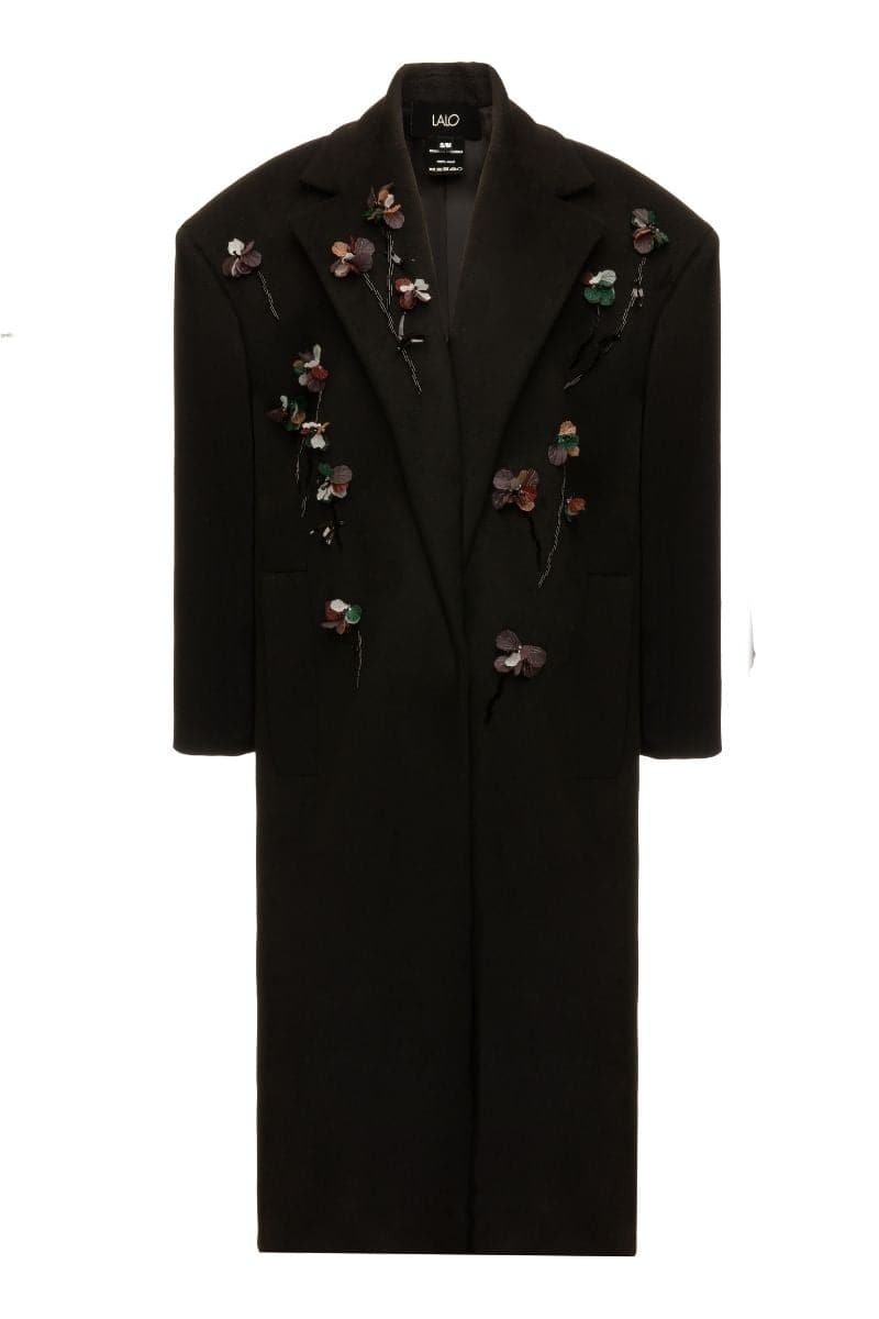 Lalo black Bouquet coat for women, XS size, stylish long coat with floral bouquet pattern, warm and fashionable outerwear.