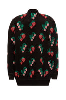 Black Lalo knitted cardigan with rose and strawberry patterns, cozy design, displayed on a plain background.