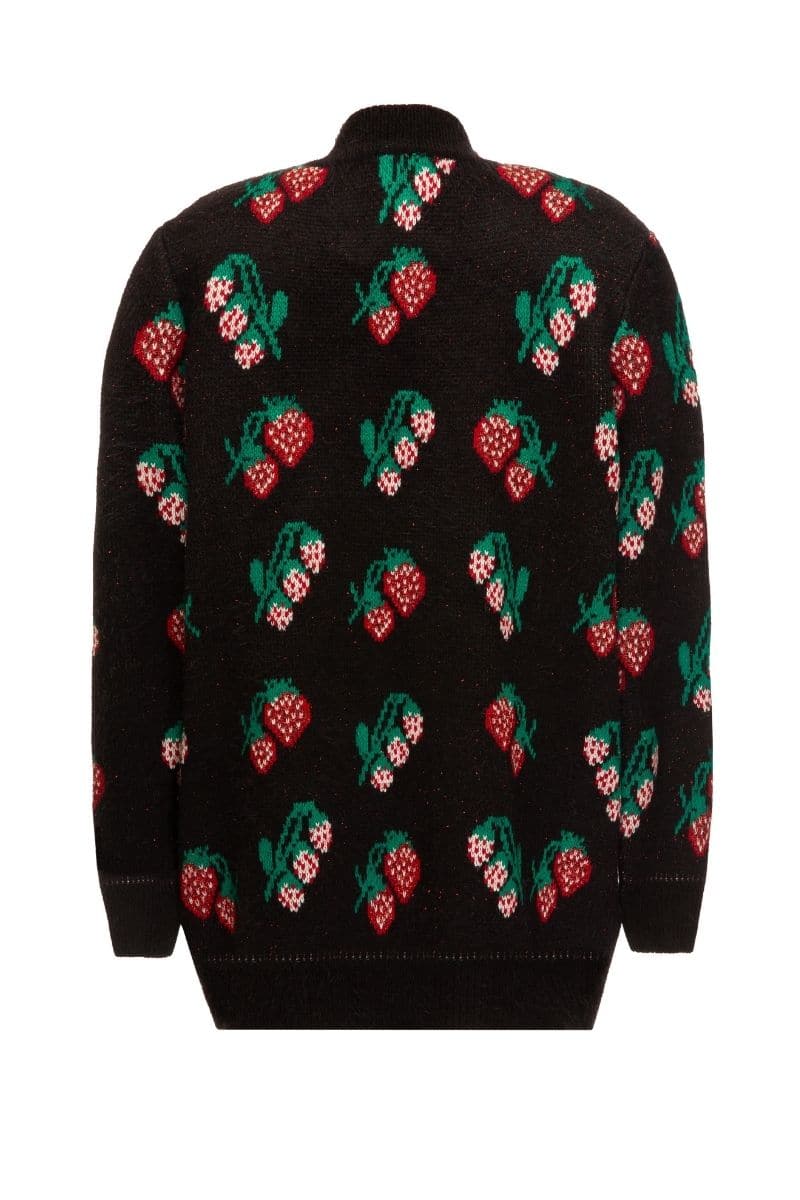 Black Lalo knitted cardigan with rose and strawberry patterns, cozy design, displayed on a plain background.