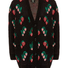 Lalo black knitted cardigan with rose and strawberry patterns, casual style, lightweight and cozy for everyday wear.