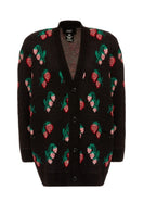 Lalo black knitted cardigan with rose and strawberry patterns, casual style, lightweight and cozy for everyday wear.