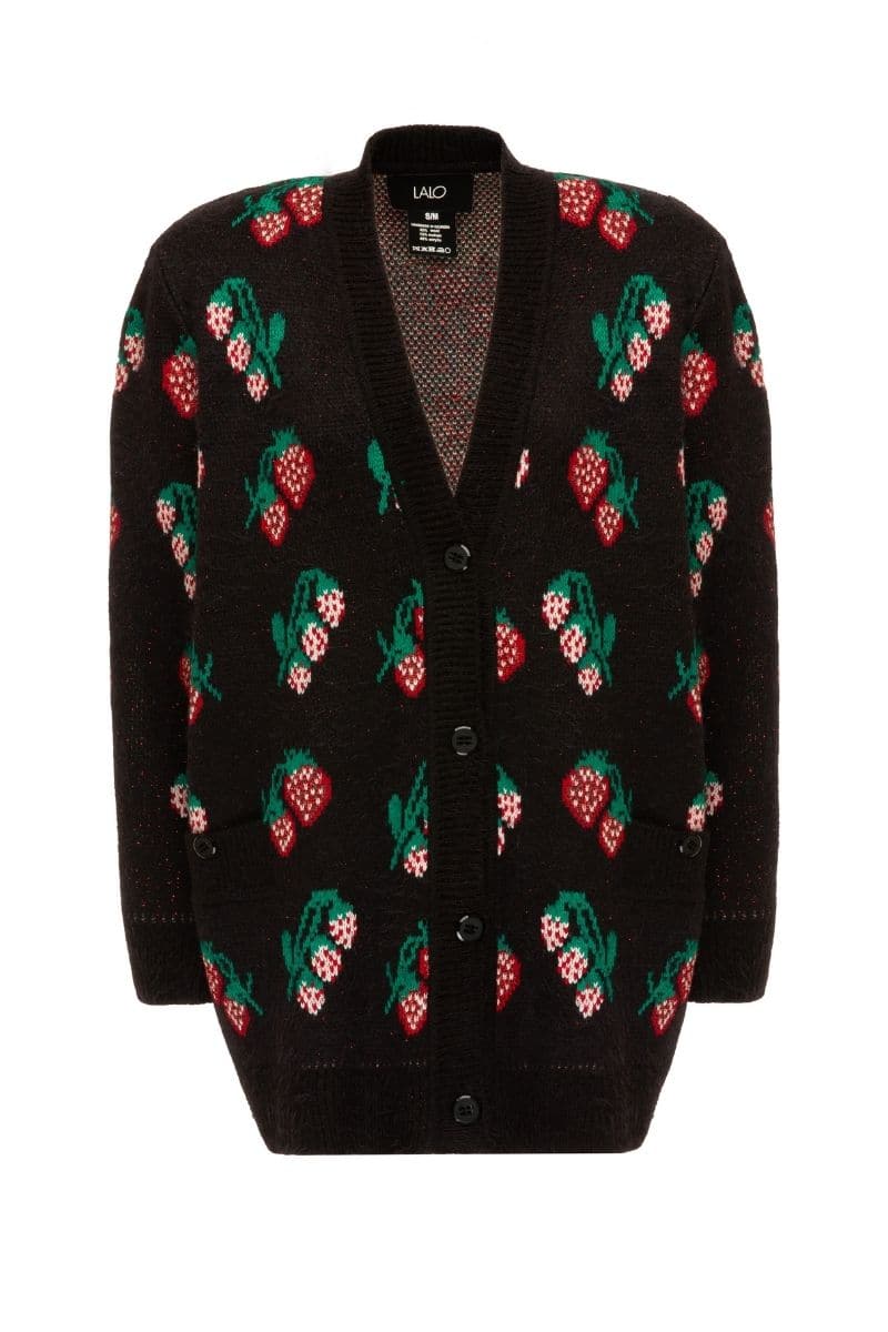 Lalo black knitted cardigan with rose and strawberry patterns, casual style, lightweight and cozy for everyday wear.