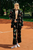 Black Lalo knitted cardigan featuring a rose and strawberry pattern, casual long-sleeve sweater for women.