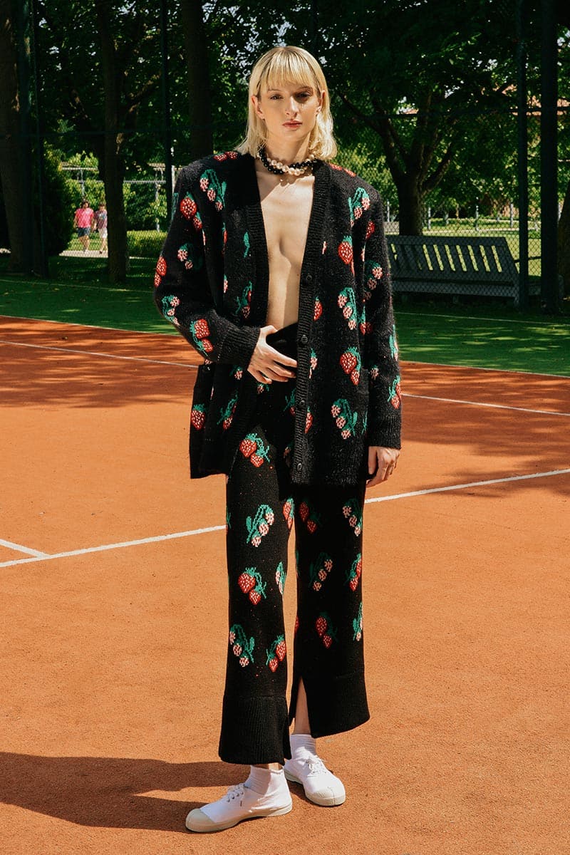 Black Lalo knitted cardigan featuring a rose and strawberry pattern, casual long-sleeve sweater for women.