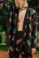 Lalo black Rose knitted cardigan with strawberry pattern, long sleeves, and cozy knit fabric, perfect for casual wear.