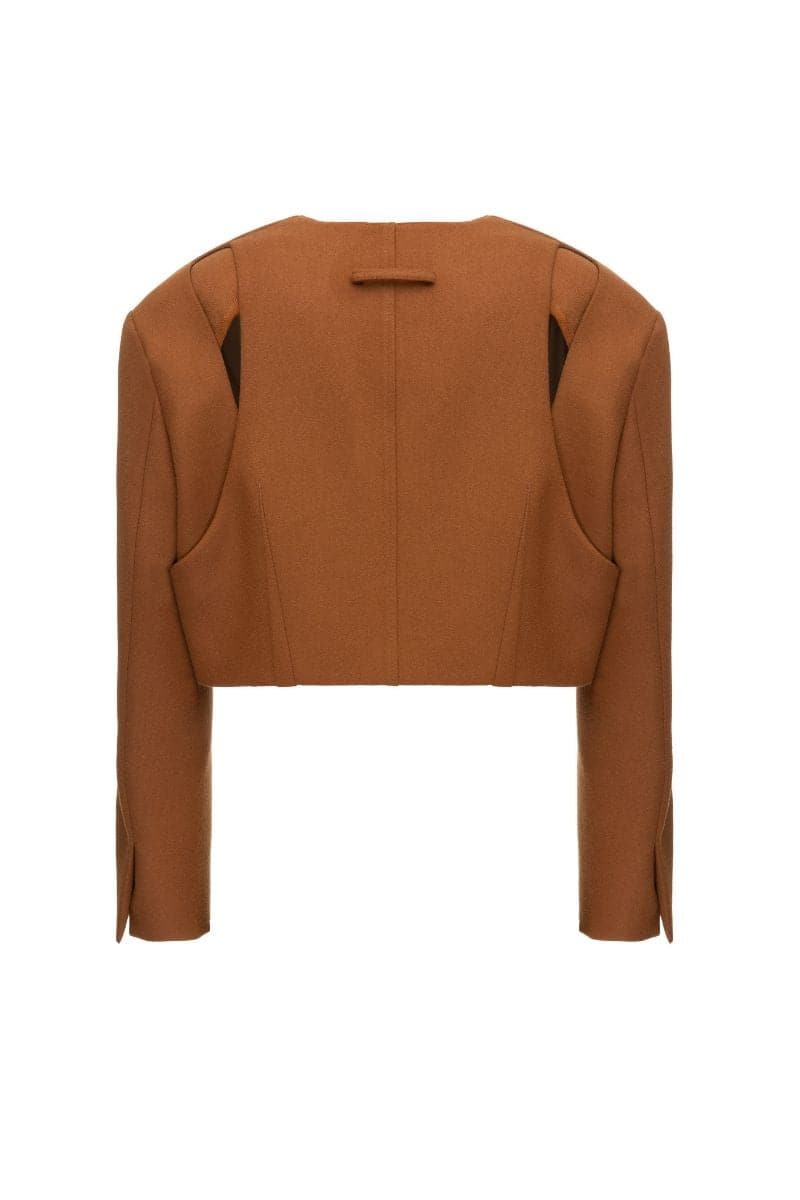 Lalo brown cropped jacket for women, showing the fitted style, front view with collar and long sleeves.