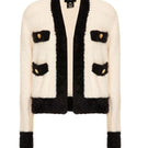 Lalo classic fluffy white cardigan with black accents, lightweight knit, cozy fit, perfect for casual wear.