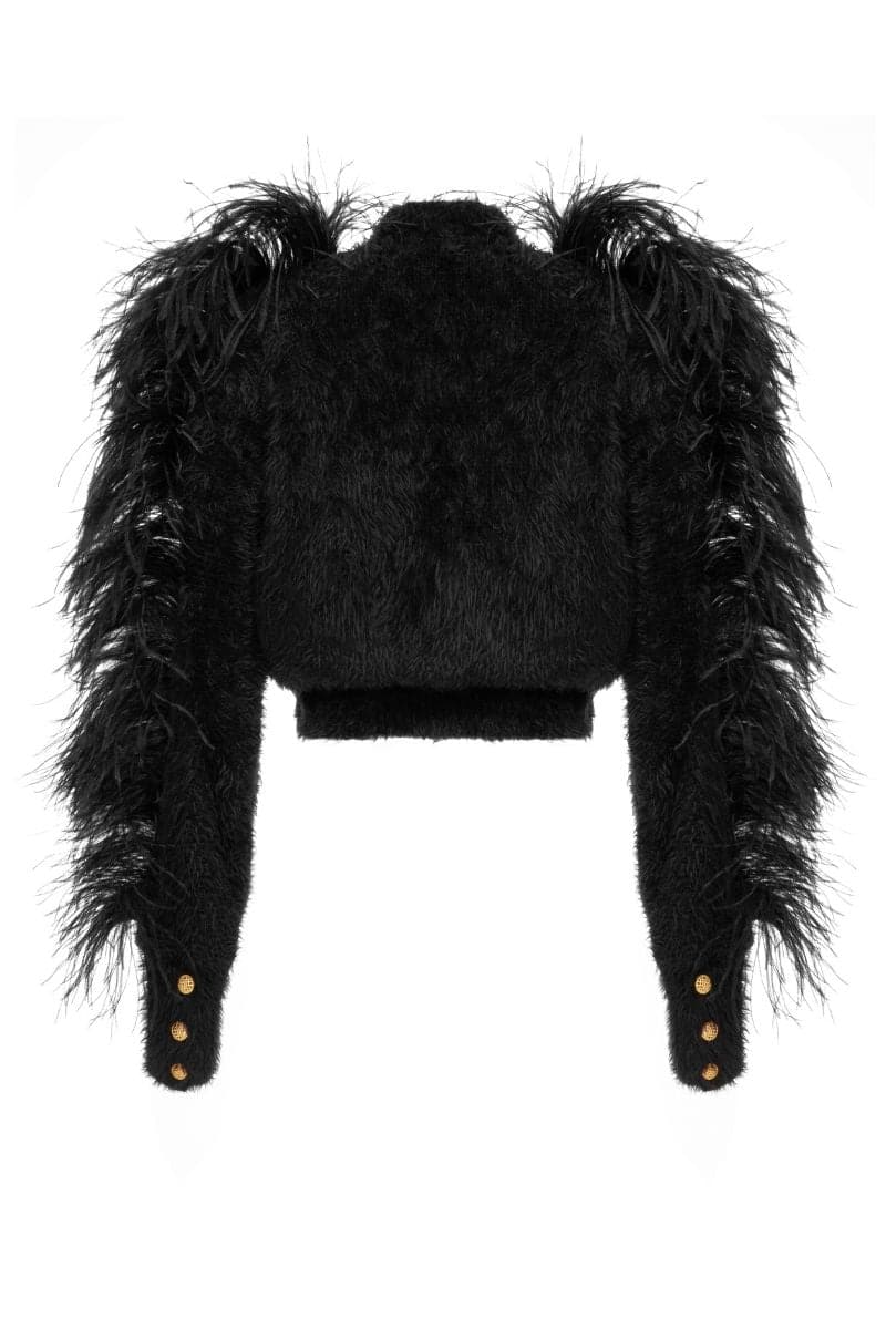 FEATHERED SHOULDER BLACK SWEATER | Lalo | CULT MIA
