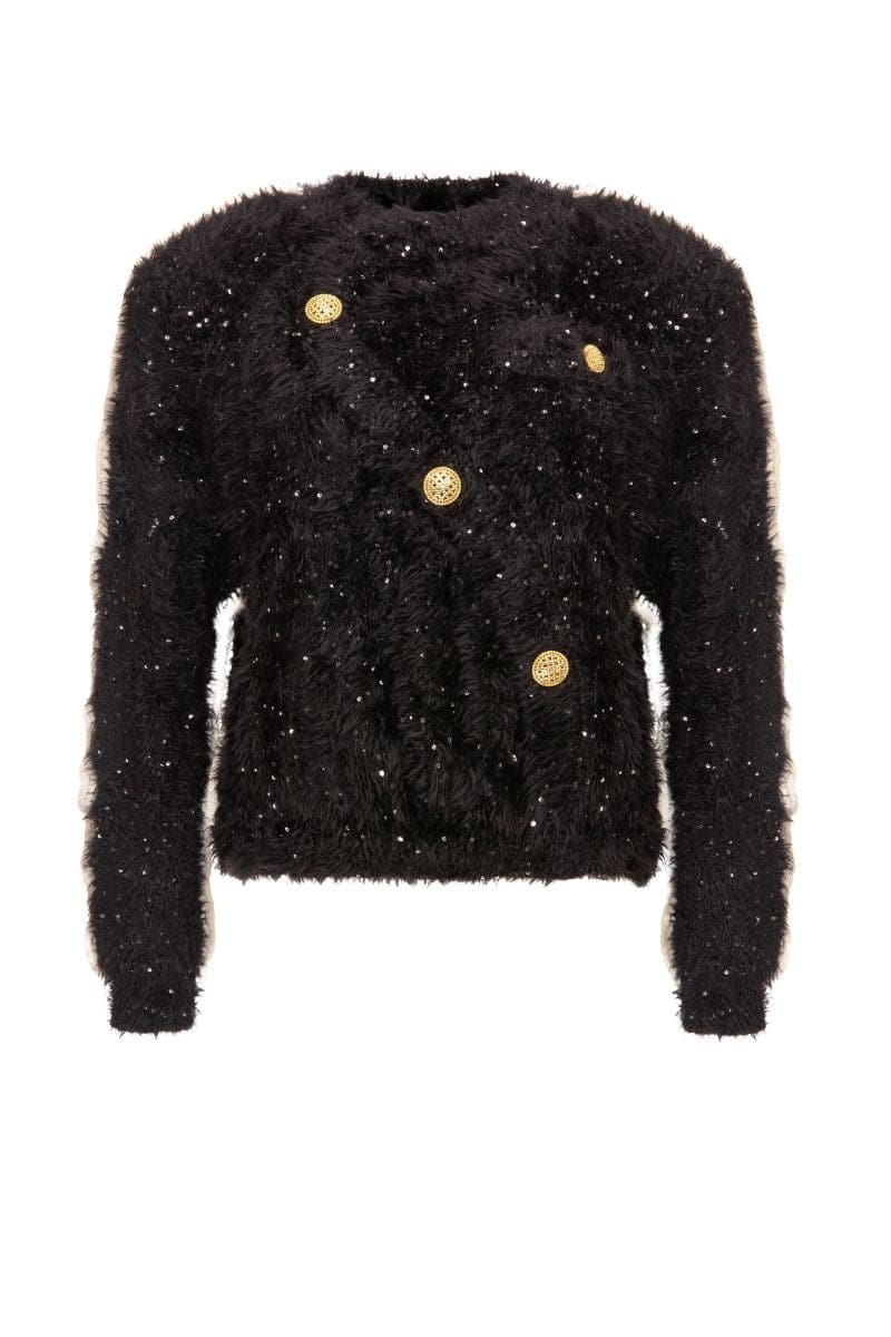 FLUFFY GOLD BUTTON BLACK SWEATER | Lalo | CULT MIA