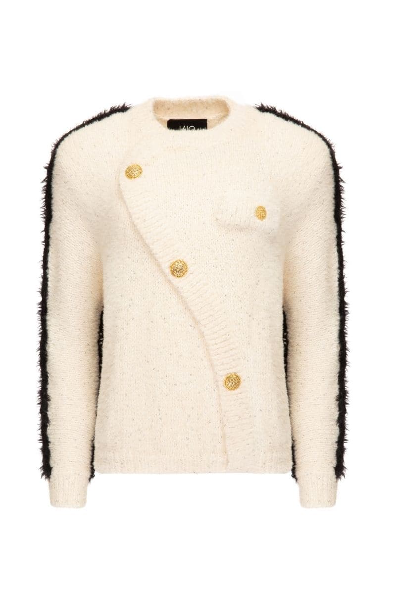 FLUFFY GOLD BUTTON WHITE SWEATER | Lalo | CULT MIA