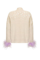 Lalo knitted cream co-ords set with feather cuffs, featuring a soft knit texture and lilac accents, size XS.
