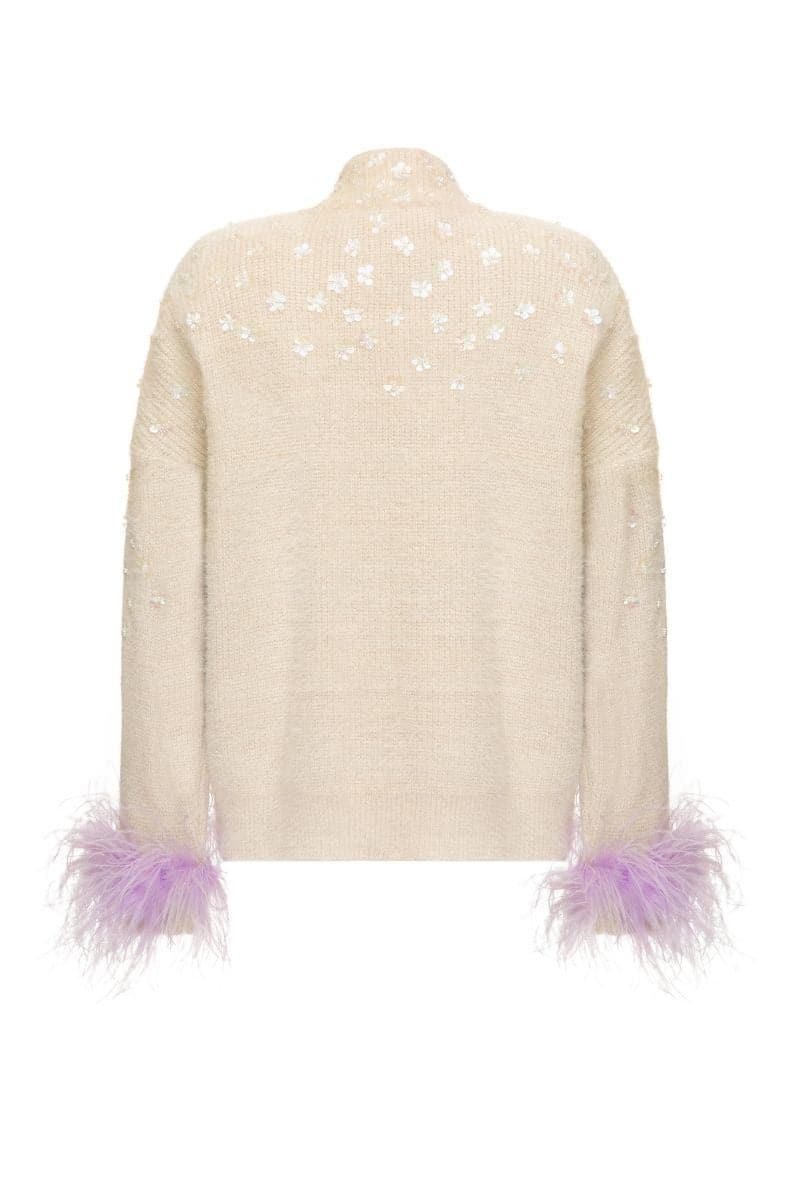 Lalo knitted cream co-ords set with feather cuffs, featuring a soft knit texture and lilac accents, size XS.