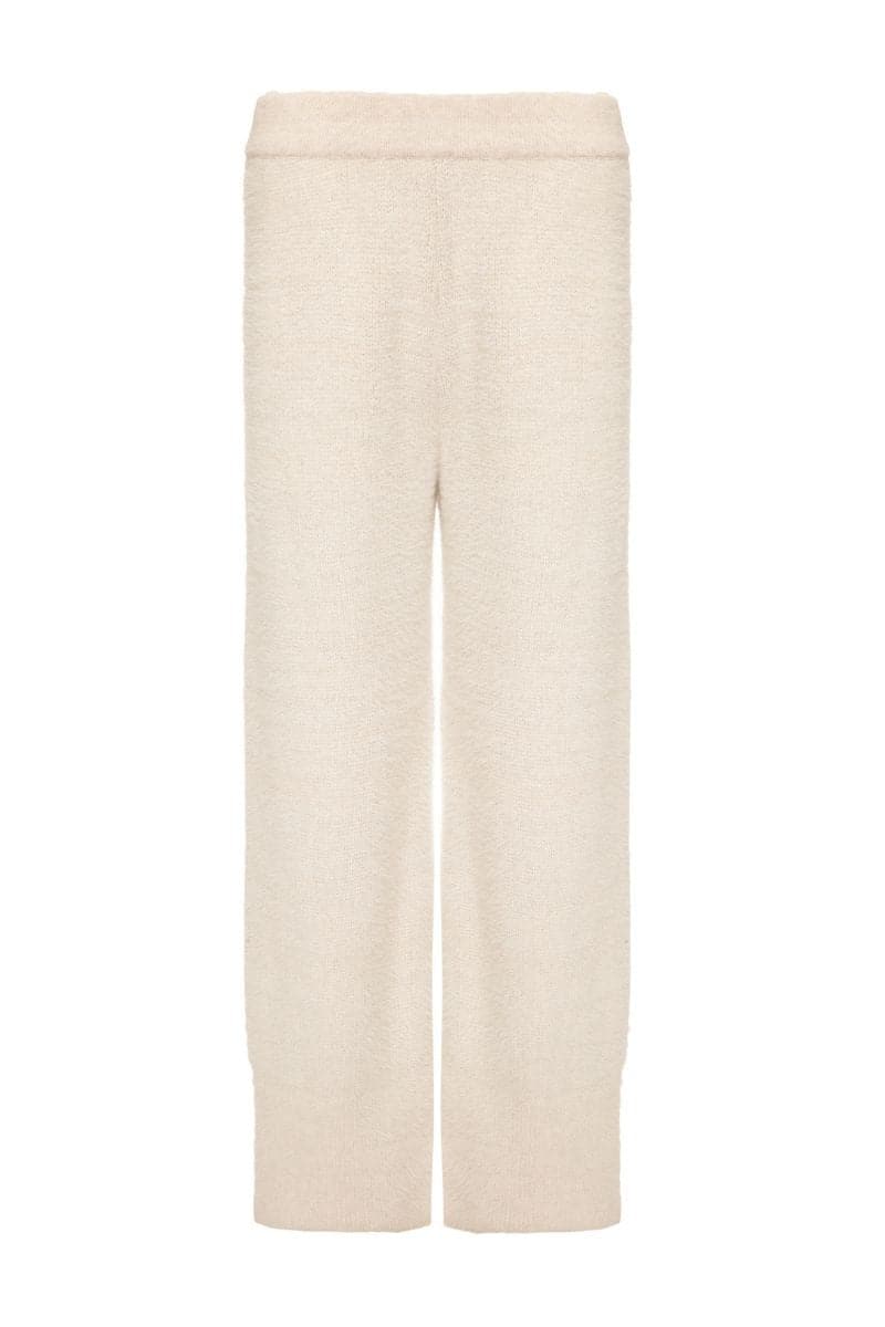 Lalo knitted cream co-ord set with feather cuffs, featuring a cozy knit design in cream and lilac, perfect for stylish loungewear.