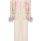 Lalo knitted cream co-ord set with feather cuff details, featuring a cozy sweater and matching pants in soft cream and lilac.