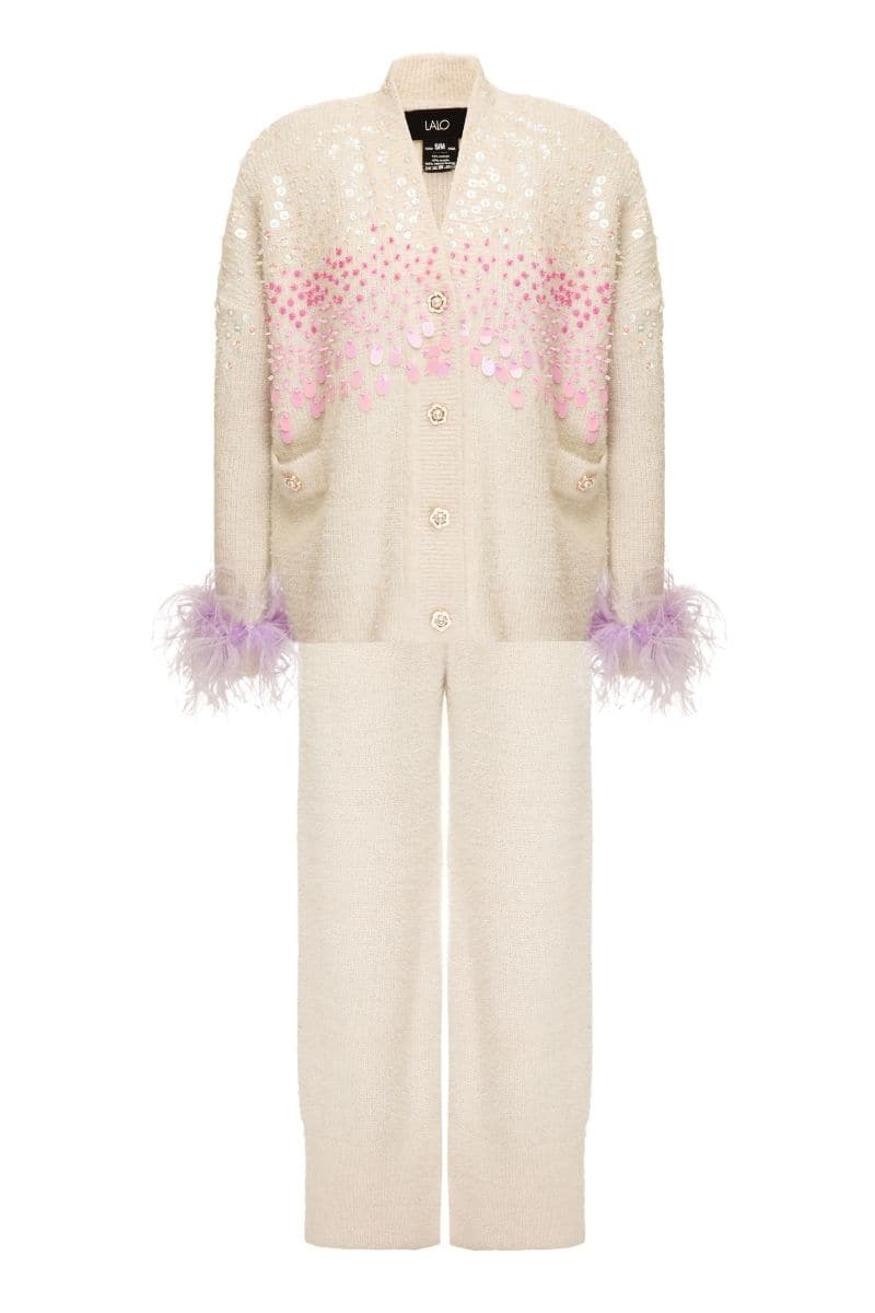 Lalo knitted cream co-ord set with feather cuff details, featuring a cozy sweater and matching pants in soft cream and lilac.