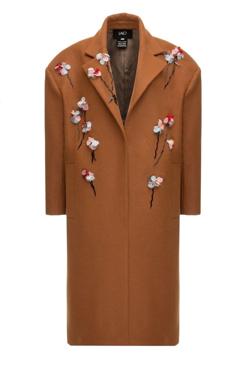 Lalo Tan Bouquet Coat in size XS, stylish tan coat with floral bouquet design, suitable for cold weather.
