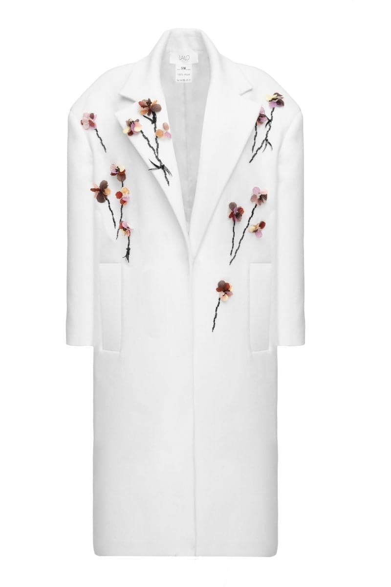 Lalo white bouquet coat in XS, stylish winter coat with floral pattern, soft fabric, and tailored fit.