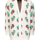 Lalo white rose knitted cardigan featuring strawberry patterns, soft fabric, and XS size, styled for a cozy, feminine look.
