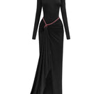 Black asymmetric twisted spandex maxi dress by Le Thanh Hoa, featuring a stylish, form-fitting design for elegant evening wear.