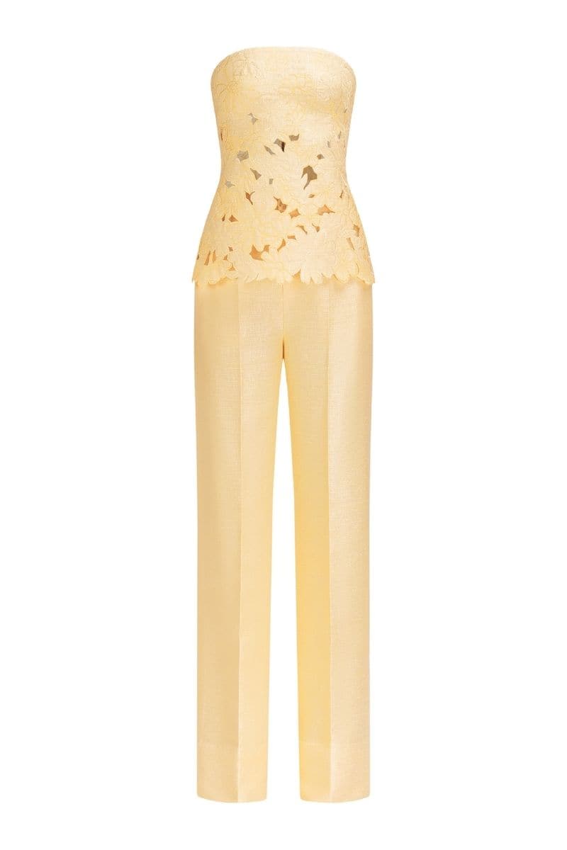 Pastel yellow strapless puffed top and matching pants co-ords set by Le Thanh Hoa, stylish and tailored for a chic look.