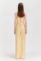 Pastel yellow strapless puffed top and matching co-ord pants set by Le Thanh Hoa, featuring a stylish, coordinated look.