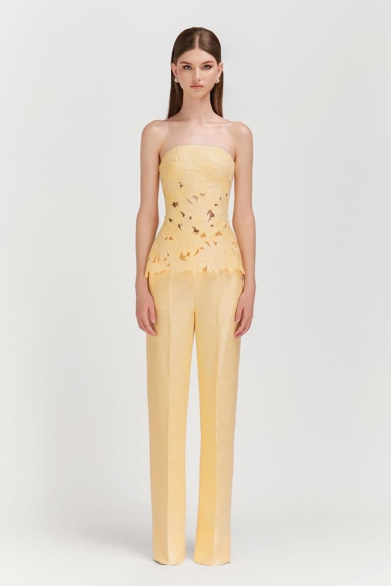 Pastel yellow strapless puffed top and matching co-ords pants set by Le Thanh Hoa, stylish and modern women's fashion ensemble.