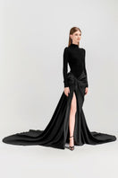 Black Kelsey Turtleneck Maxi Dress by Le Thanh Hoa, elegant gown with fitted silhouette and long sleeves.