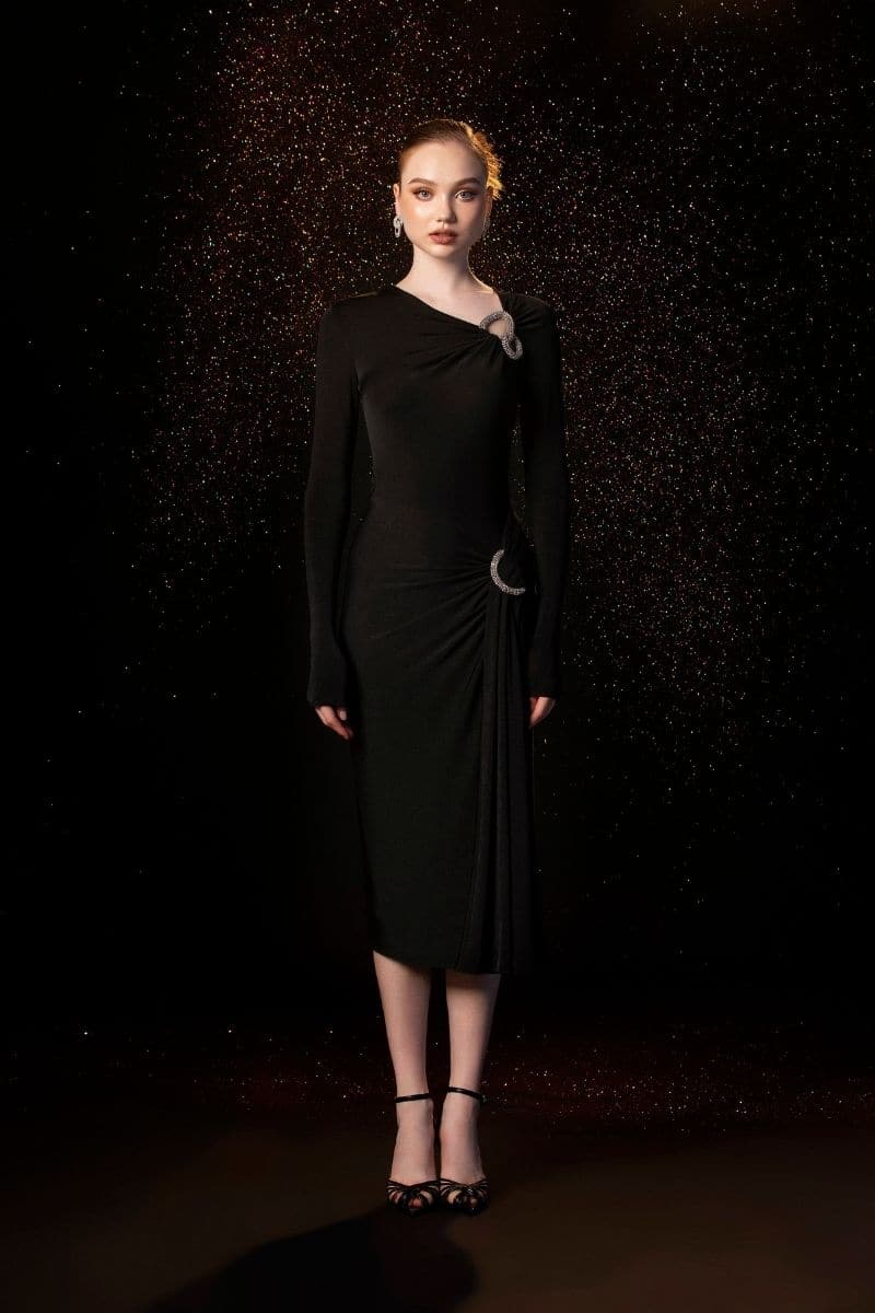 Black Melanie bodycon midi dress by Le Thanh Hoa, fitted design with long sleeves, showcased on a model.