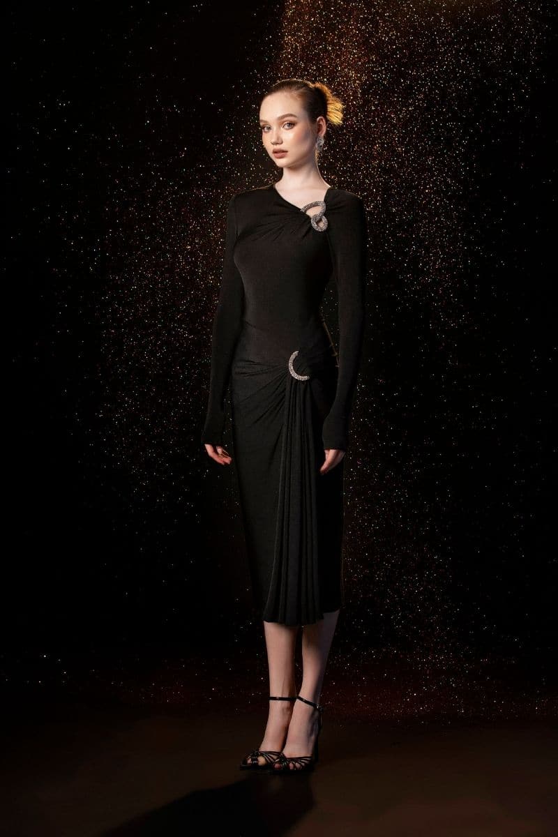 Black Melanie bodycon midi dress by Le Thanh Hoa, fitted design, sleeveless style, perfect for elegant occasions.