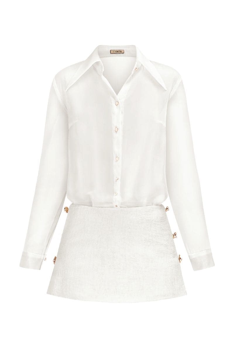 Le Thanh Hoa RISHIMA white shirt and mini skirt set co-ords, XS size, showcasing a stylish matching outfit with a modern design.