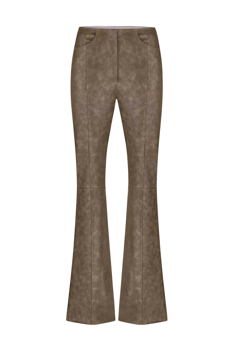 Sayya ECO Green Leather Pants, stylish slim-fit leather trousers with a smooth texture and modern design.