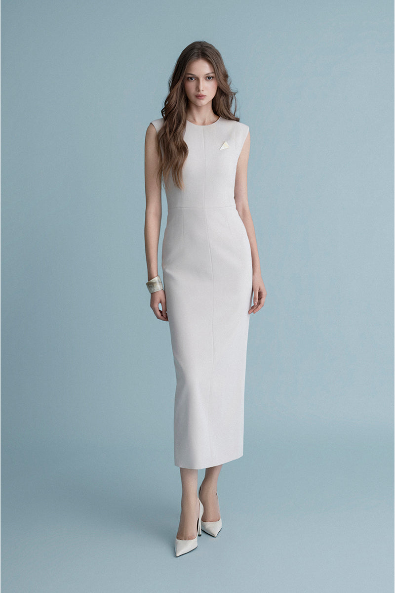 Off-white LEKIEU Muchen midi dress with flowing fabric and elegant design, showcased on a model.