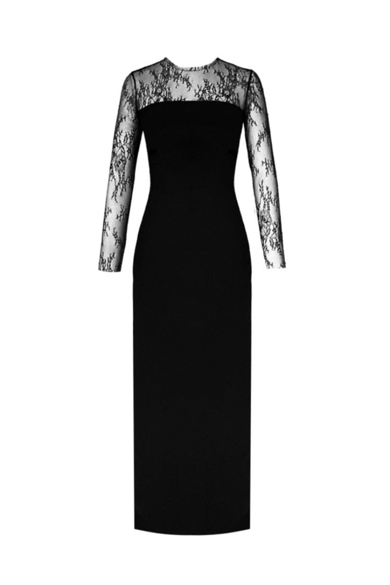 Black LENORA CREPE MAXI DRESS by Gigii's, featuring flowing fabric, sleeveless design, and elegant length, perfect for formal occasions.