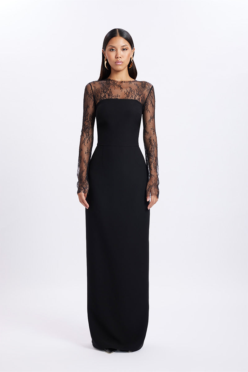 Black LENORA CREPE MAXI DRESS by Gigii's, featuring flowing fabric and elegant design, perfect for formal or casual occasions.